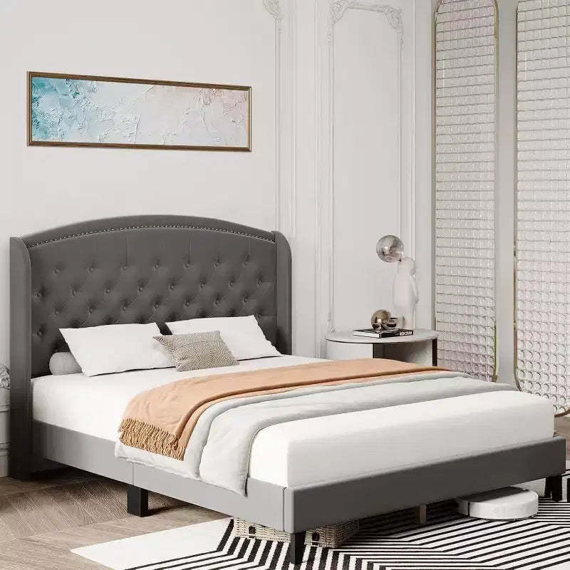 Upholstered Platform Bed Frame with Wingback Headboard, Soft Velvet and Button Tufted Design, Wood Slat Support, Easy Assembly