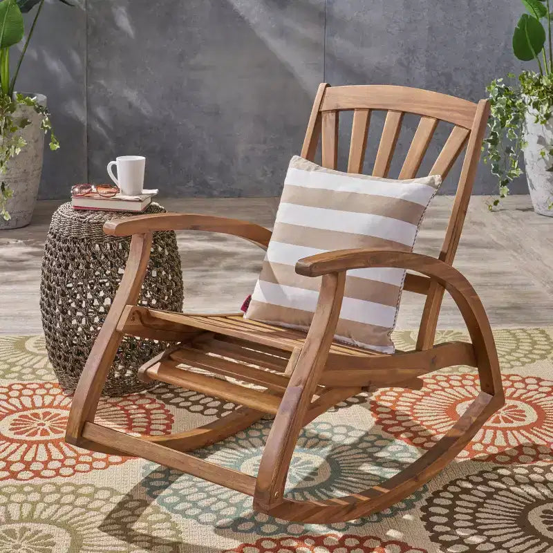 Okak Sleek Boho Recliner Chair Acacia Rocking Chair with Retractable Footrest for Garden,Porch&Backyard,Outdoor Leisure Chair