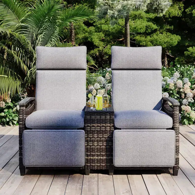 Okak 80-145 Patio Recliner Loveseat with Built-In Storage Table,High Back&Adjustable Footrest,Outdoor Lounge Chair for Porch&Backyard
