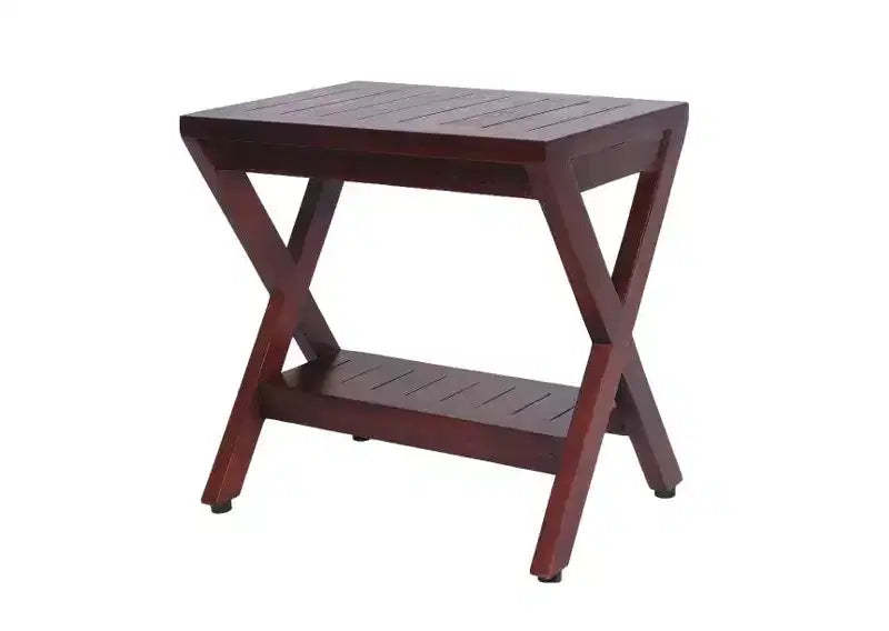 HomeRoots Compact X Shape Teak Shower Outdoor Bench With Shelf In Brown Finish