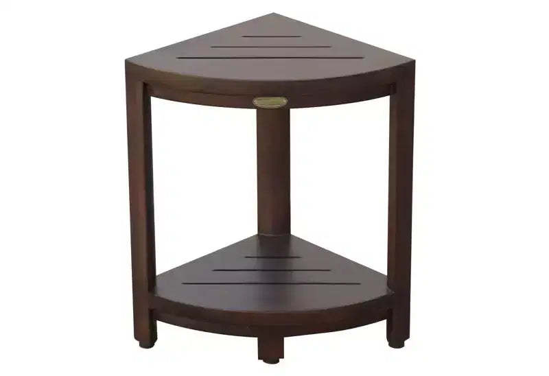 HomeRoots Compact Triangular Teak Shower Outdoor Bench With Shelf In Brown Finish