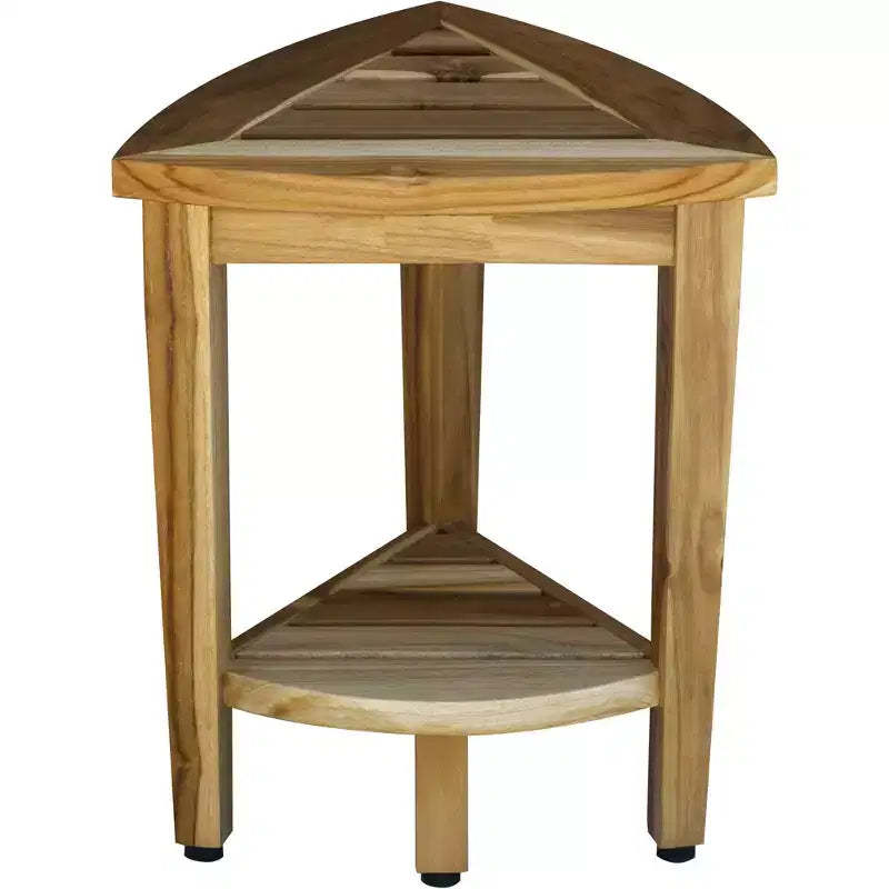 HomeRoots Compact Teak Corner Shower Or Outdoor Bench With Shelf In Natural Finish