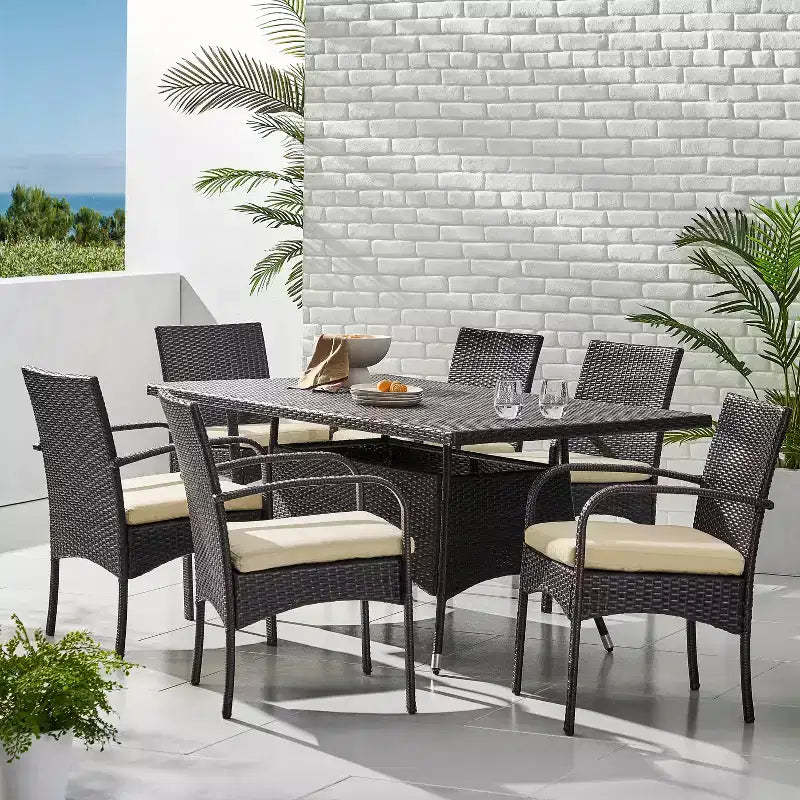 GDFStudio Toledano Outdoor Wicker and Iron 7 Piece Dining Set with Water Resistant Cushion