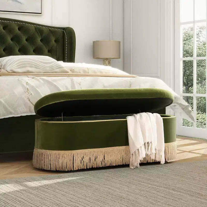 Okak Vintage Pull-Open Top Velvet Tufted Button Ottoman Bench with Bullion Fringe,Oval Upholstered Storage Ottoman for Bedroom,Entrance