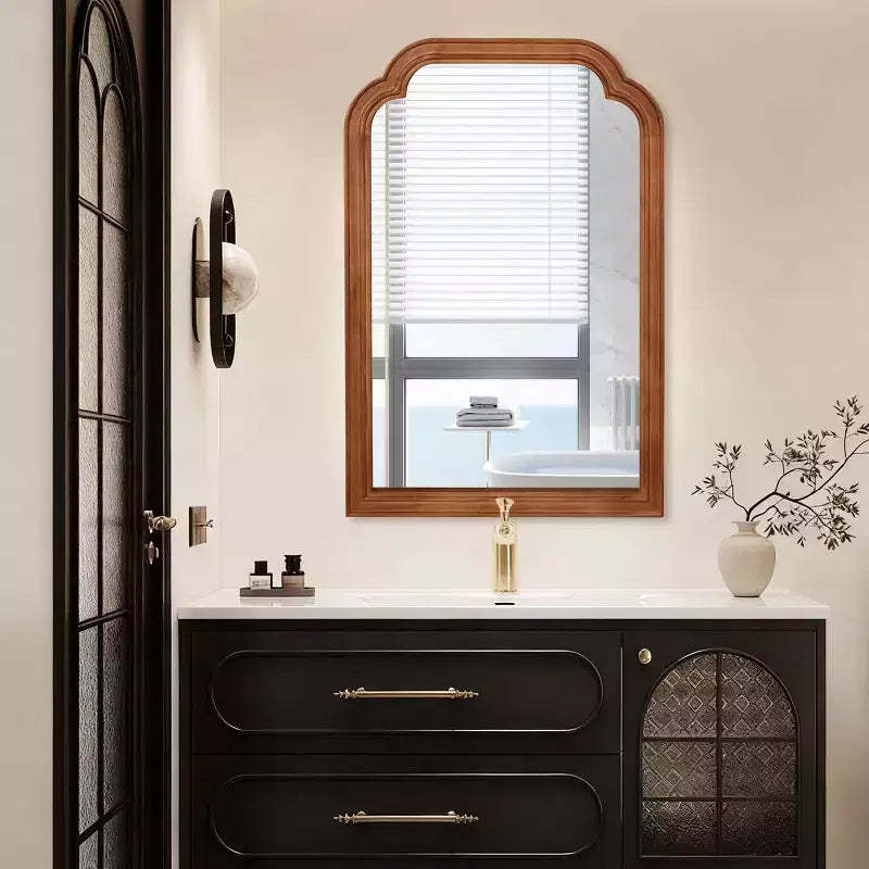 MAYEERTY 24 x 36 Solid Wood Frame Rounded Corner Decorative Mirror for Bedroom Bathroom Living Room Yellowish Brown