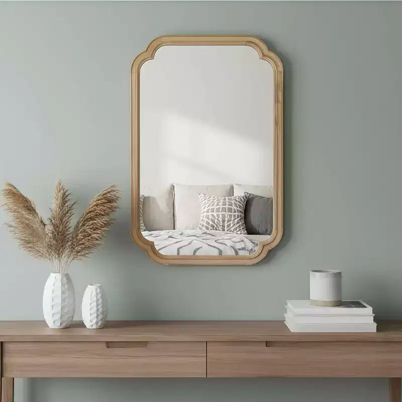 MAYEERTY 24 x 36 Solid Wood Frame Rounded Corner Decorative Mirror for Bedroom Bathroom Living Room Natural Wood