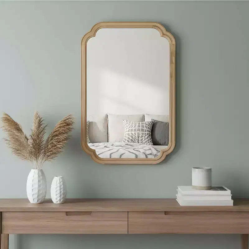 MAYEERTY 24 x 36 Solid Wood Frame Rounded Corner Decorative Mirror for Bedroom Bathroom Living Room Natural Wood
