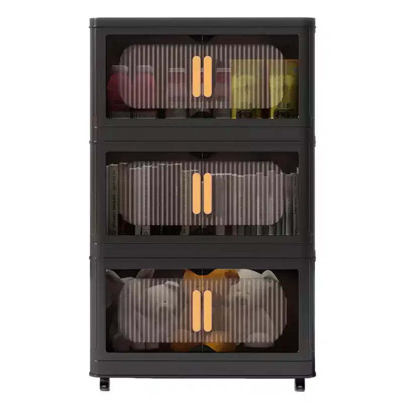 MAYEERTY 3 Tiers Plastic Folding Storage Cabinets with Magnetic Doors Wheels, Closet Organizers and Storage Containers Black for Small Space
