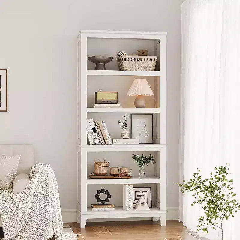 Acekool 71.3 Tall 5-Tier Wooden Bookshelf with 3 Adjustable Shelves, 11.8 Wide Slim Floor-Standing Bookcase for Living Room, Bedroom  White