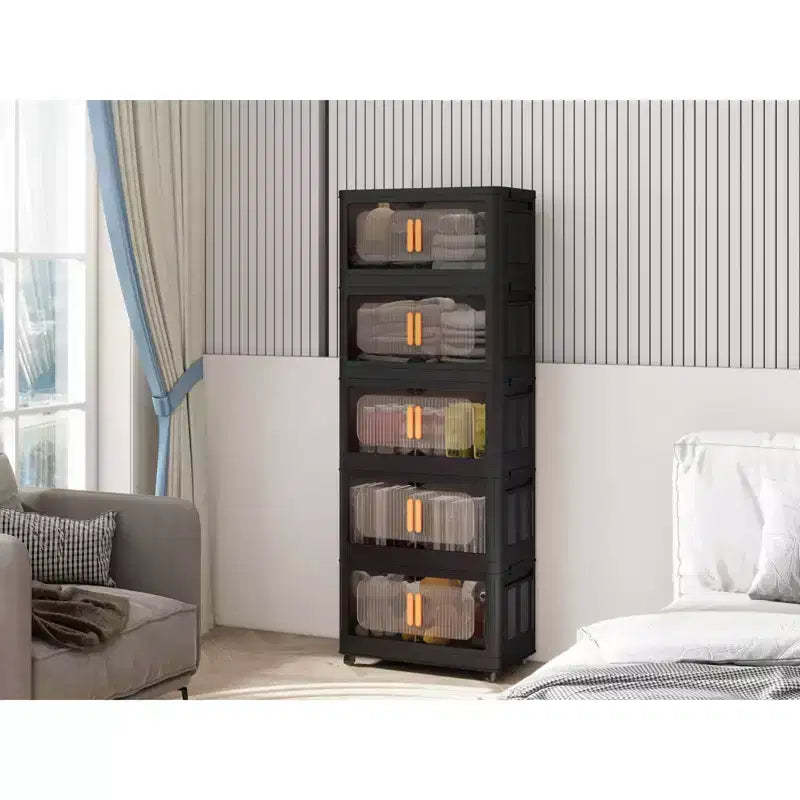 MAYEERTY 24 Side Wide 4 Tiers Plastic Folding Storage Cabinet with Magnetic Door Wheels for Living Room Black