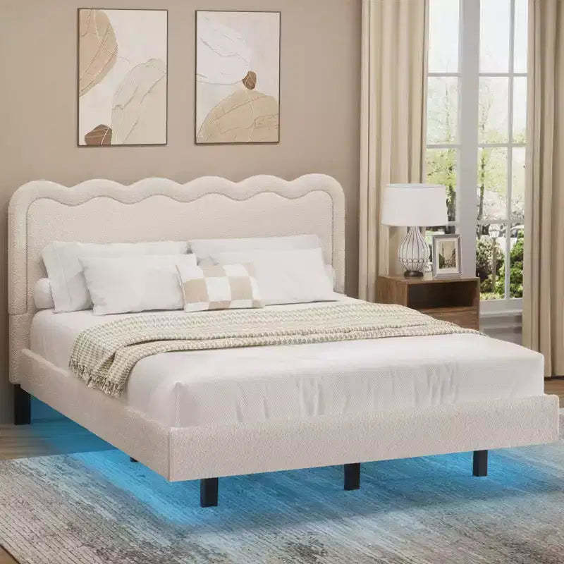 Dyonery Queen Size Boucle Bed Frame with LED Light,Floating Bed Frame with Waved Headboard & Sturdy Metal Frame,No Box Spring Noise-Free,Easy Assembly