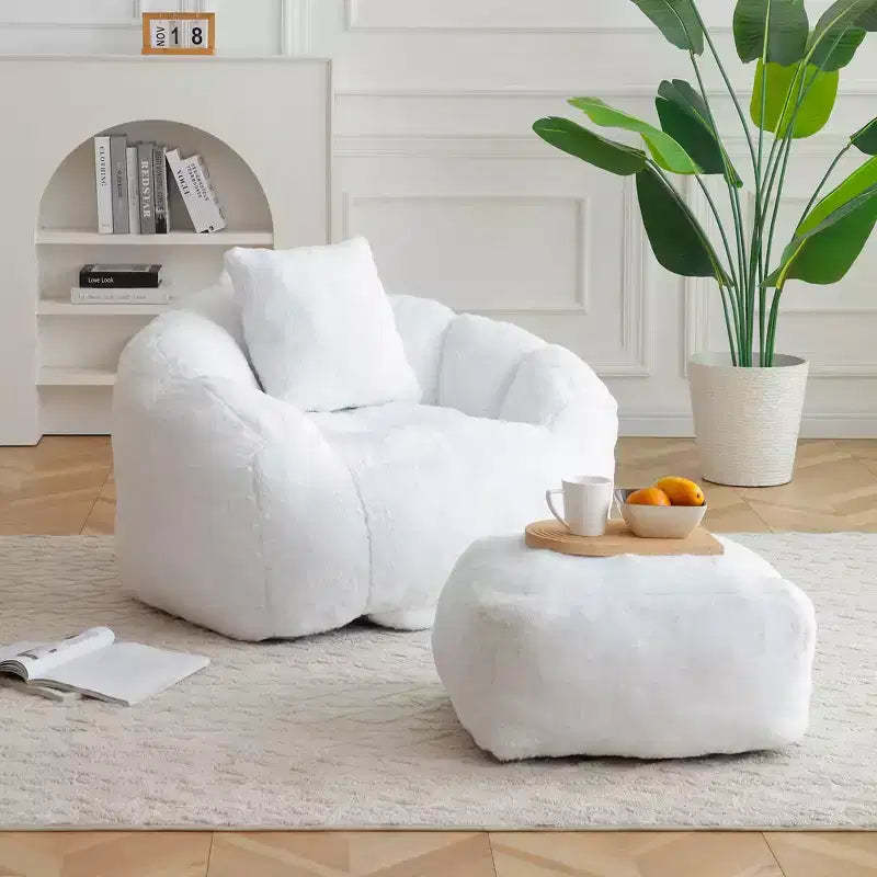 Giant Bean Bag Chair with Footstool, Oversized for Adults & Kids, Faux Fur Shell-Shaped