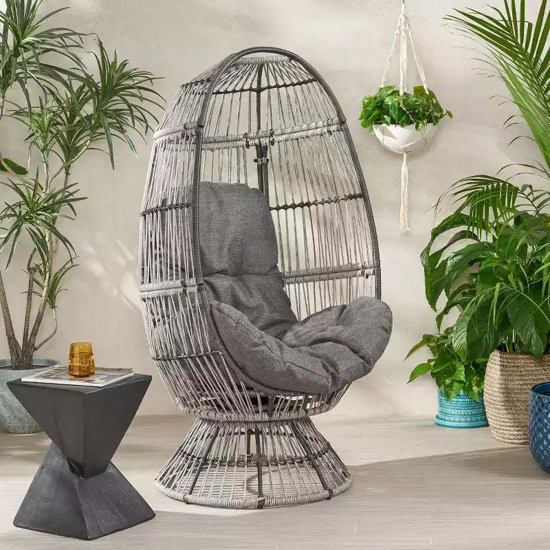 Okak Modern PE Wicker Patio Egg Chair Rattan Accent Chairs with Comfy Upholstery Outdoor&Indoor,Chic Accent Chair for Porch,Backyard&Garden,Gray
