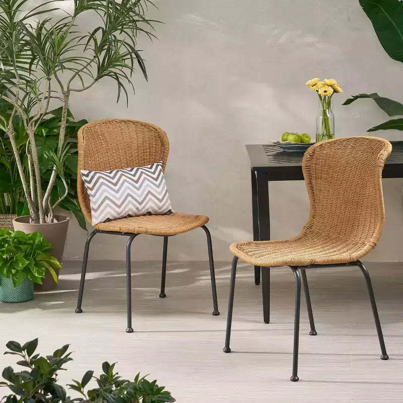 Okak Boho Wicker Rattan Patio Accent Chairs,Set of 2,Outdoor Dining Chairs with Sleek Legs&Foot Pads,Patio Furniture Seating,Natural/Black