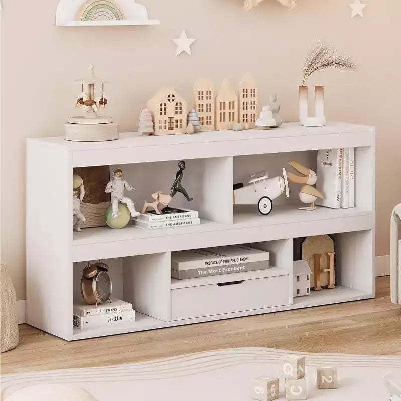 2-Tier Kids Bookshelf & Toy Organizer with 5 Cubbies + 1 Drawer, White for Playroom/Kids' Room
