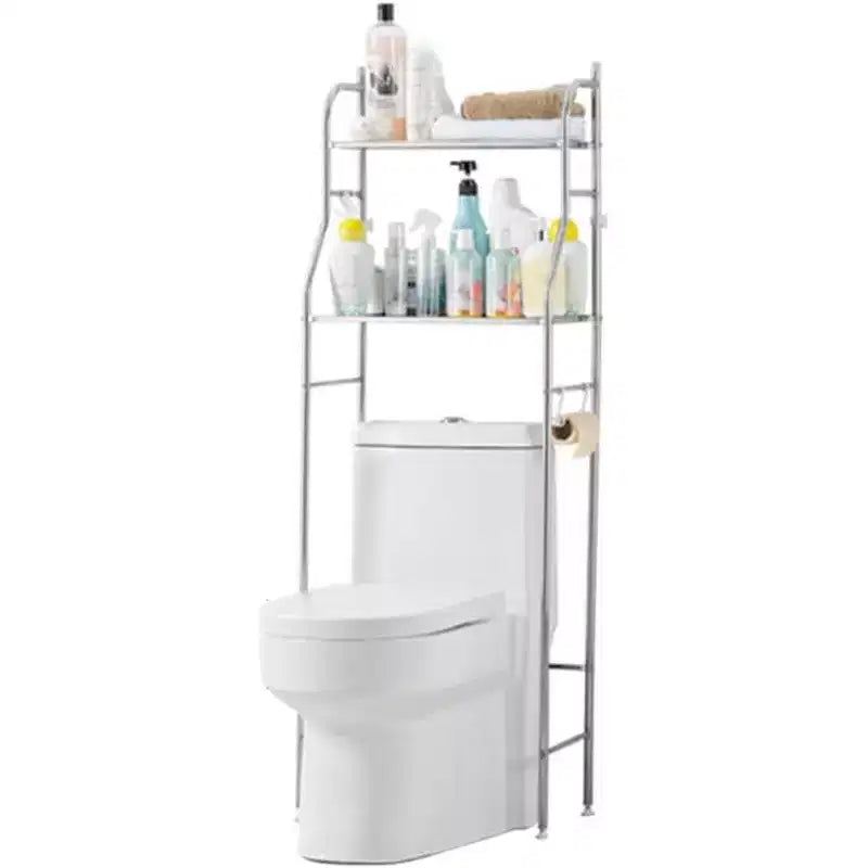 GustoWave Over The Toilet Storage Cabinet, Metal Bathroom Organizer with Paper Holder & Hooks, No Drill Floor Standing, Space Saver, White