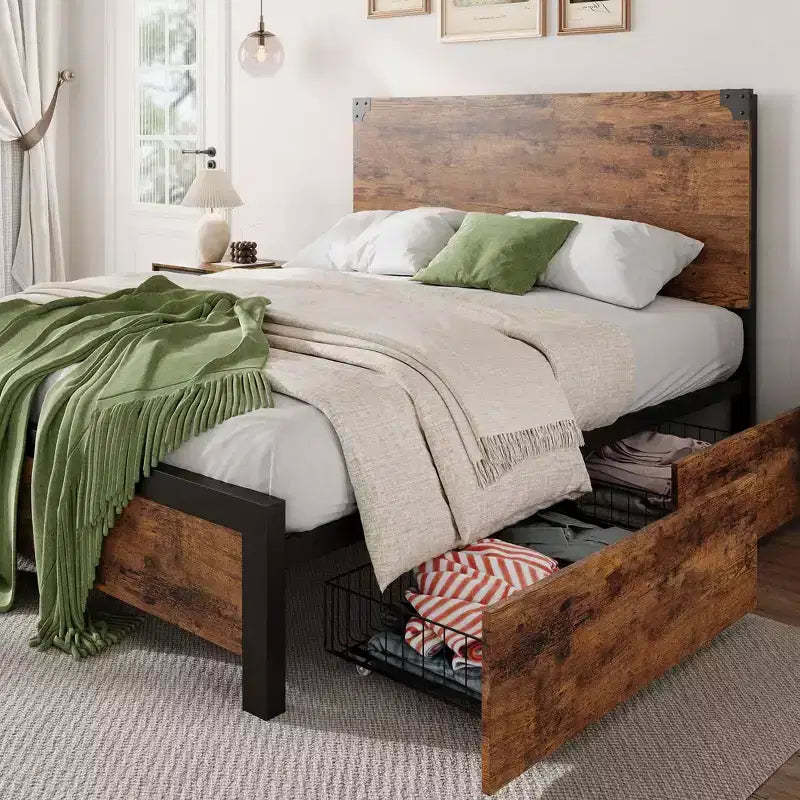 Bed Frame with Storage Drawers - Heavy Duty Metal Platform with Wooden Headboard, No Box Spring Needed, Easy Assembly, Vintage Brown