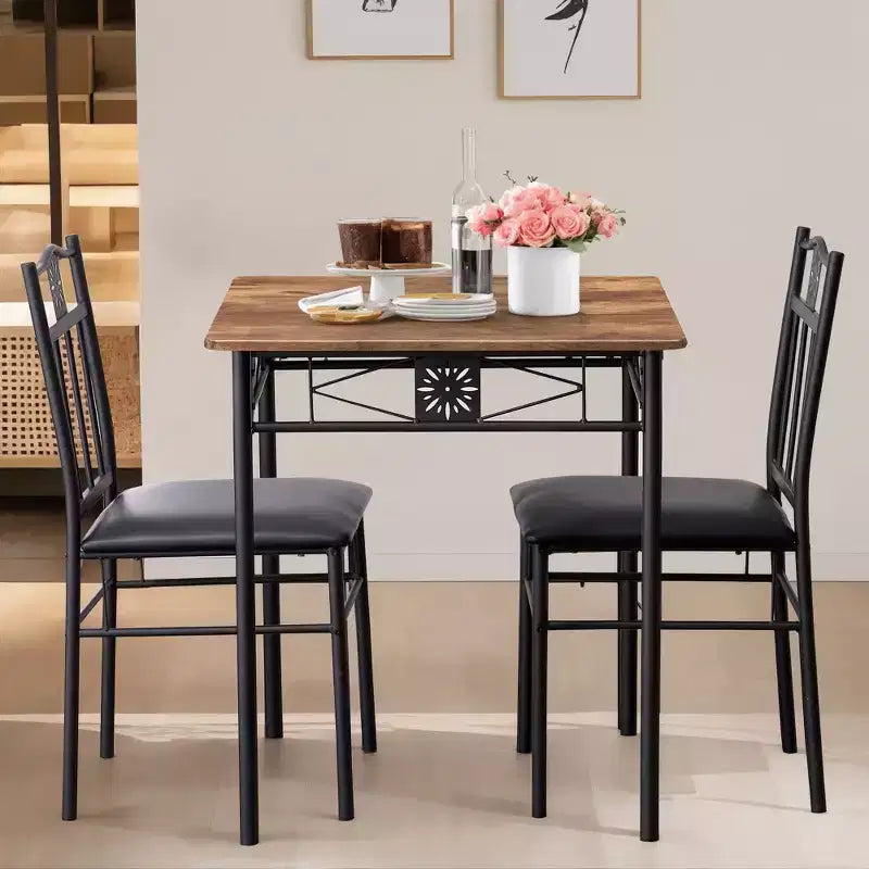 VECELO 3-Piece Dining Room Wooden Kitchen Table and Pu Cushion Chair Sets for Small Space, Retro Brown