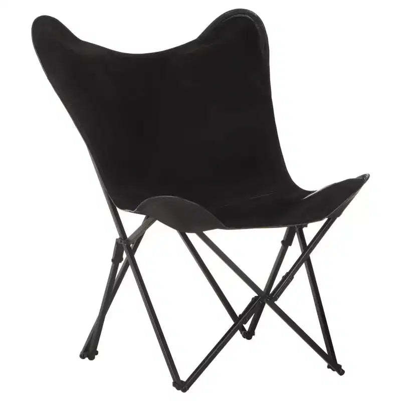 vidaXL Chair Accent Foldable Butterfly Chair for Living Room Real Leather - Black