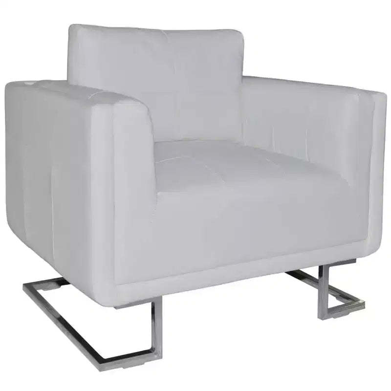 vidaXL Scandinavian-Modern Cube Armchair, White Leather Upholstered, Solid Wooden Frame with Chrome Feet - White