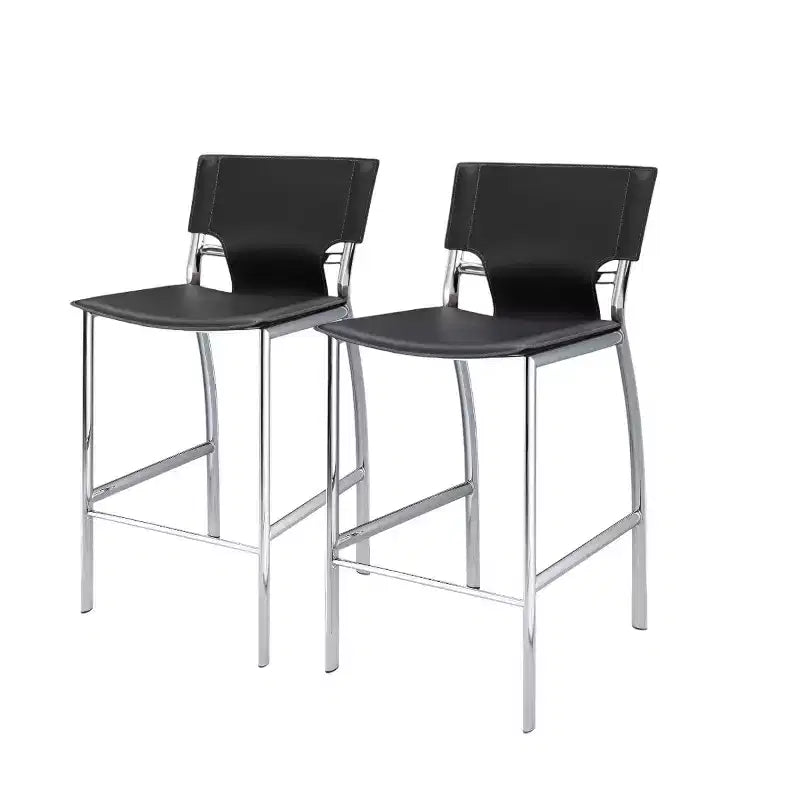 HomeRoots Set of Two 29 Gray and Silver Metal and Faux Leather Low Back Bar Height Bar Chairs