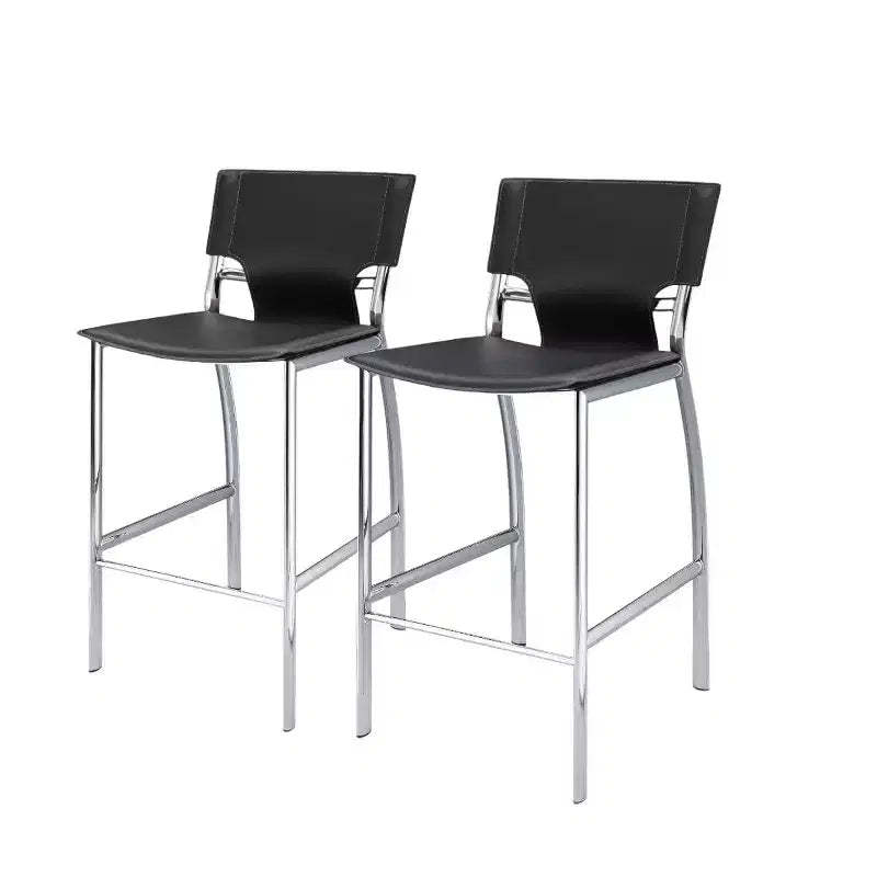 HomeRoots Set of Two 29 Gray and Silver Metal and Faux Leather Low Back Bar Height Bar Chairs