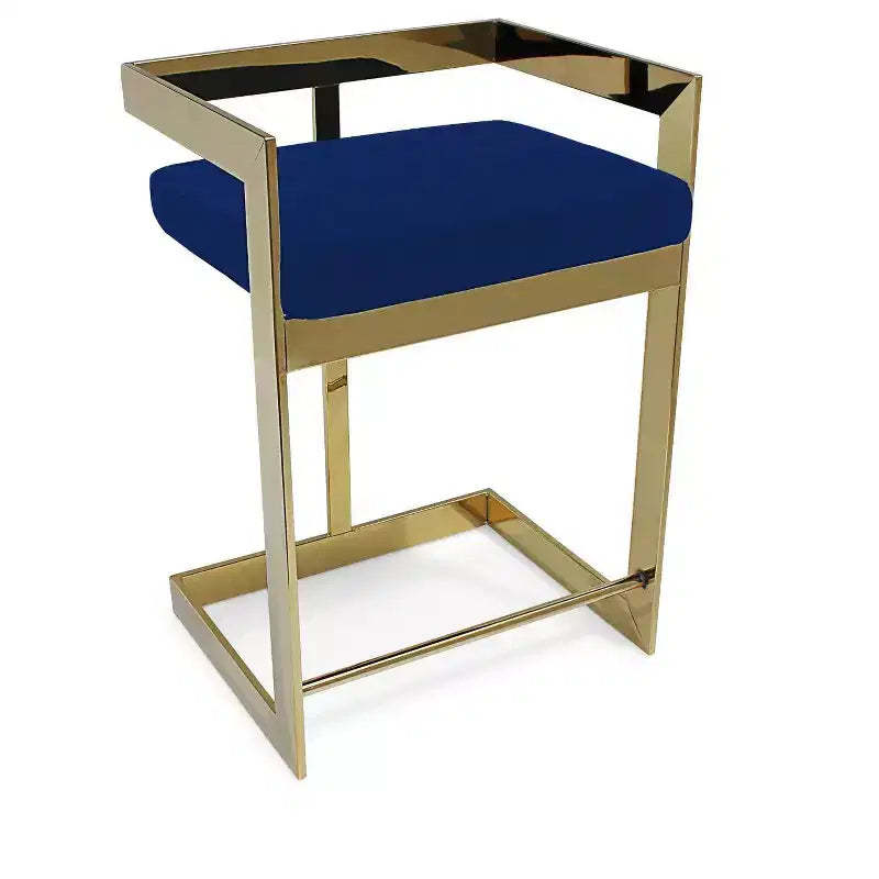 HomeRoots 26 Blue and Gold Metal and Velvet Low Back Counter Height Bar Chair