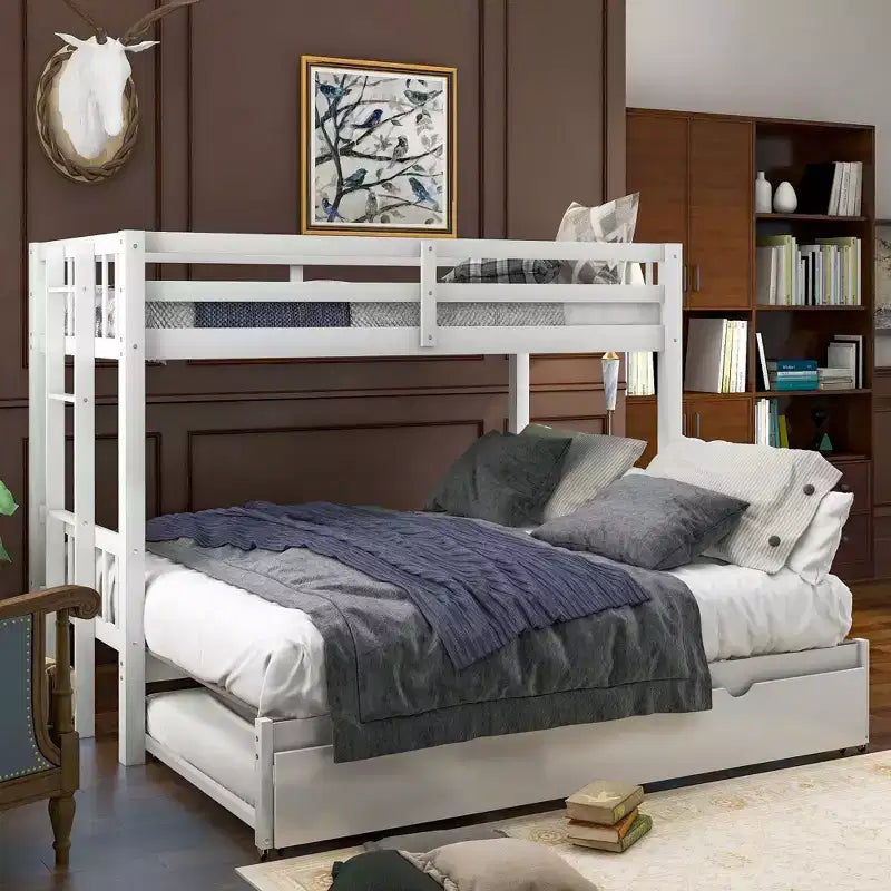 Okak Twin over Twin Solid Wood Pull-out Bunk Bed with Trundle Loft Bunk Bed with Ladder & Safety Guardrail for Student Dorms Guest Rooms