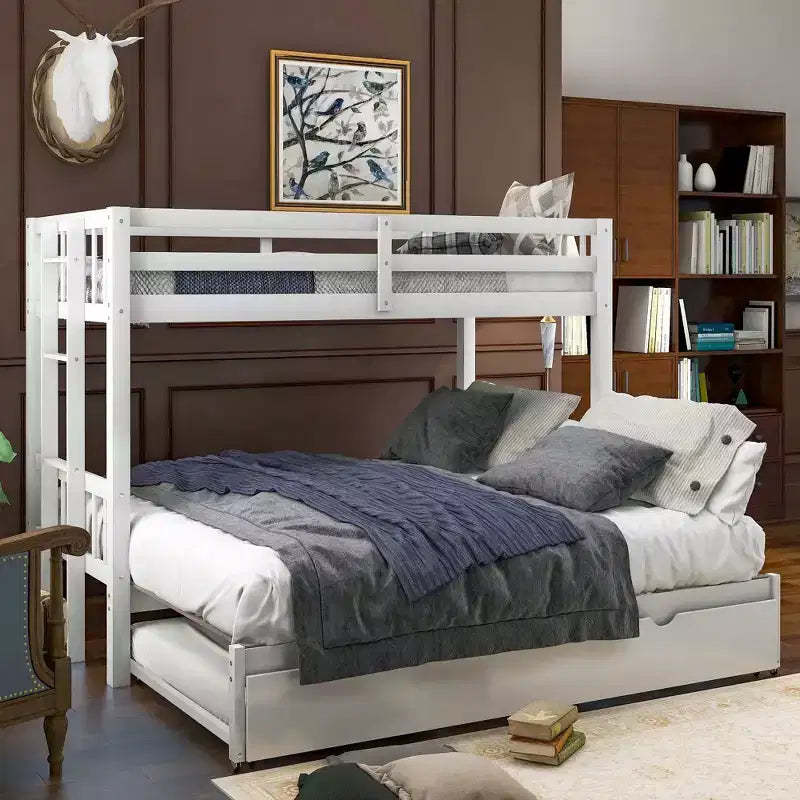 Okak Twin over Twin Solid Wood Pull-out Bunk Bed with Trundle Loft Bunk Bed with Ladder & Safety Guardrail for Student Dorms Guest Rooms