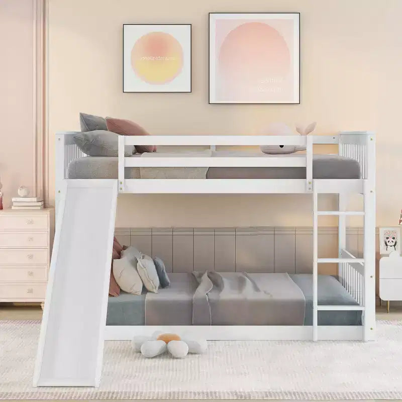 Okak Full over Full Wood Bunk Bed with Slide & Safety Guardrail Loft Bunk Bed with Ladder for Kids Teens, Easy Assemble No Box Spring Needed