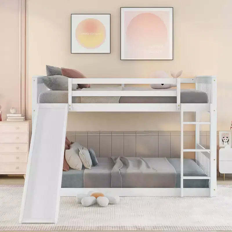 Okak Full over Full Wood Bunk Bed with Slide & Safety Guardrail Loft Bunk Bed with Ladder for Kids Teens, Easy Assemble No Box Spring Needed
