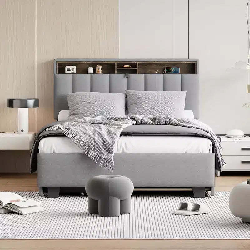 Okak Full/Queen Platform Bed Frame with Upholstered & Trundle Storage Headboard Bed with 2 Drawers Sockets USB Ports Easy Assembly