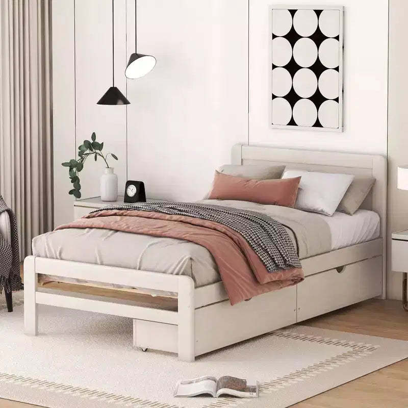 Okak Twin Modern Platform Bed Frame with 2 Storage Drawers Sturdy Wooden Platform Bed Noiseless No Springs Required Easy to Assemble