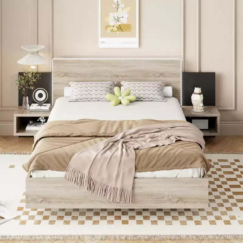 Okak Queen/King Floating Platform Bed Frame with Bedside Nightstand Bed with LED Strong Wood Slats No Springs Required Easy to Assemble