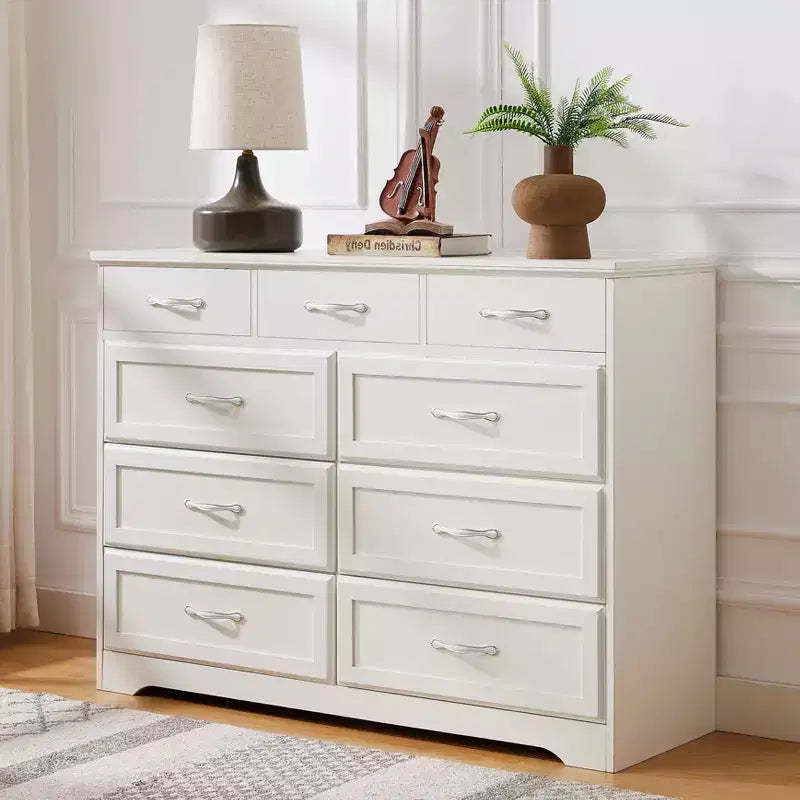 Okak Bedroom Dresser Nightstand w 9 Long Drawers & Antique Handles Wood Storage Chest Cabinet for Living Room Hallway Entry Kids Room