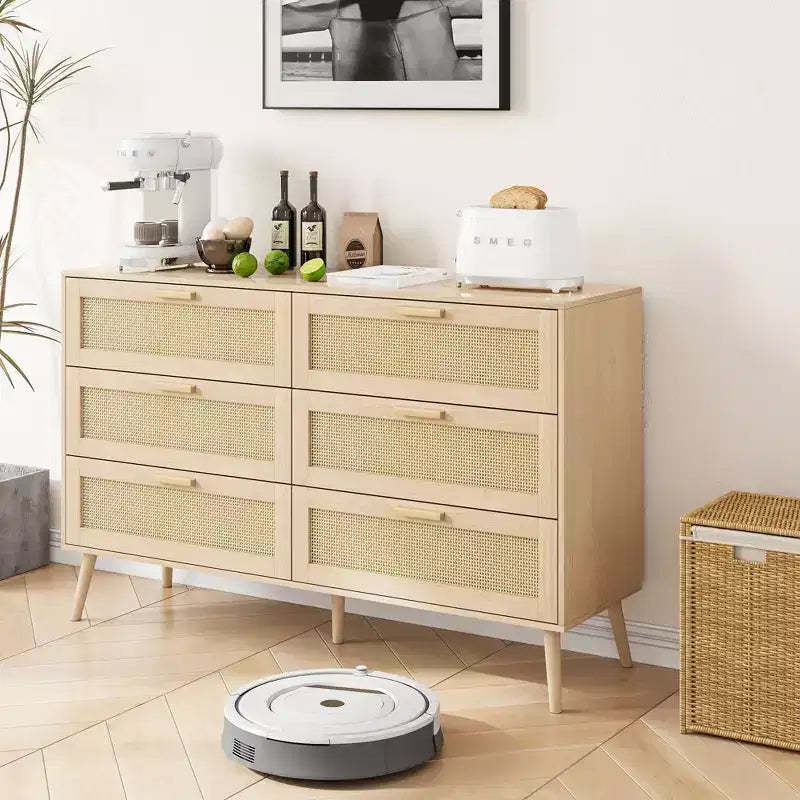 Okak Modern Rattan Dresser for Bedroom with 6 Wide Drawer wood Handles,Chest Closet Storage Cabinet Organizer for Living Room Hallway Entryway