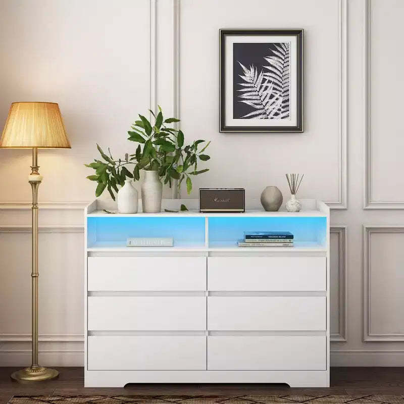 Okak Modern 6-Drawer Bedroom Dresser Nightstand with LED Sturdy Frame Storage Chest Cabinet for Living Room Hallway Kids Room