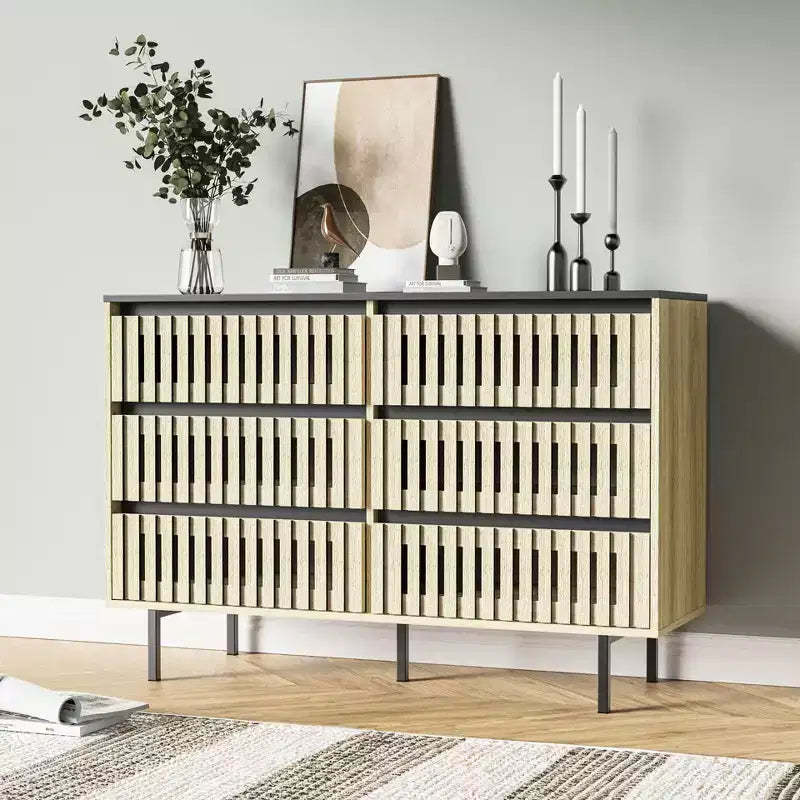 Okak Minimalist Fluted Dresser with 6 Drawers, Modern Clothes Storage Cabinet Two-tone Design Large Capacity for Bedroom Hallway Living Room