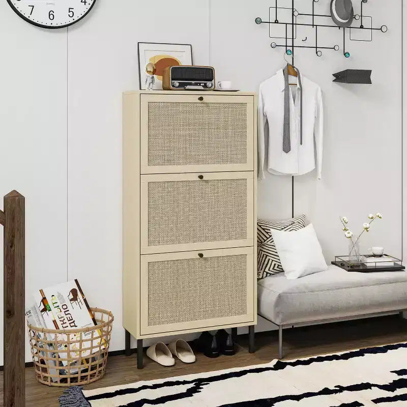 Okak Modern Freestanding Shoe Cabinet with 3 Flip Drawers,Rattan Shoe Organizer,Hidden Shoe Rack Cabinet for Entryway,Hallway,Living Room