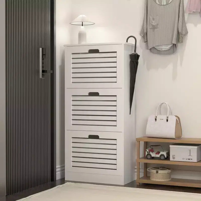 Okak Ventilated Shoe Cabinet with 3 Flip Doors & Adjustable Shelves, Freestanding Wooden Shoe Organizer with Anti-Tip Device for Entryway