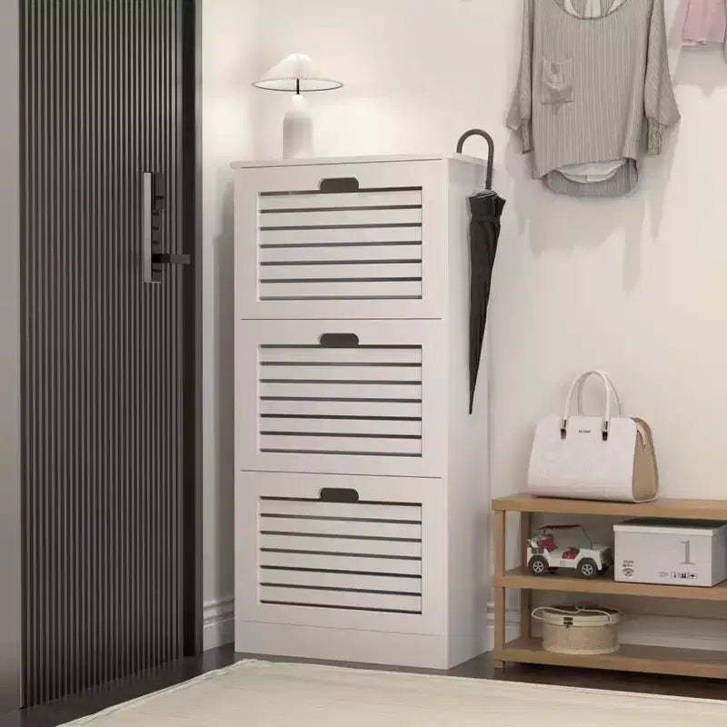 Okak Ventilated Shoe Cabinet with 3 Flip Doors & Adjustable Shelves, Freestanding Wooden Shoe Organizer with Anti-Tip Device for Entryway