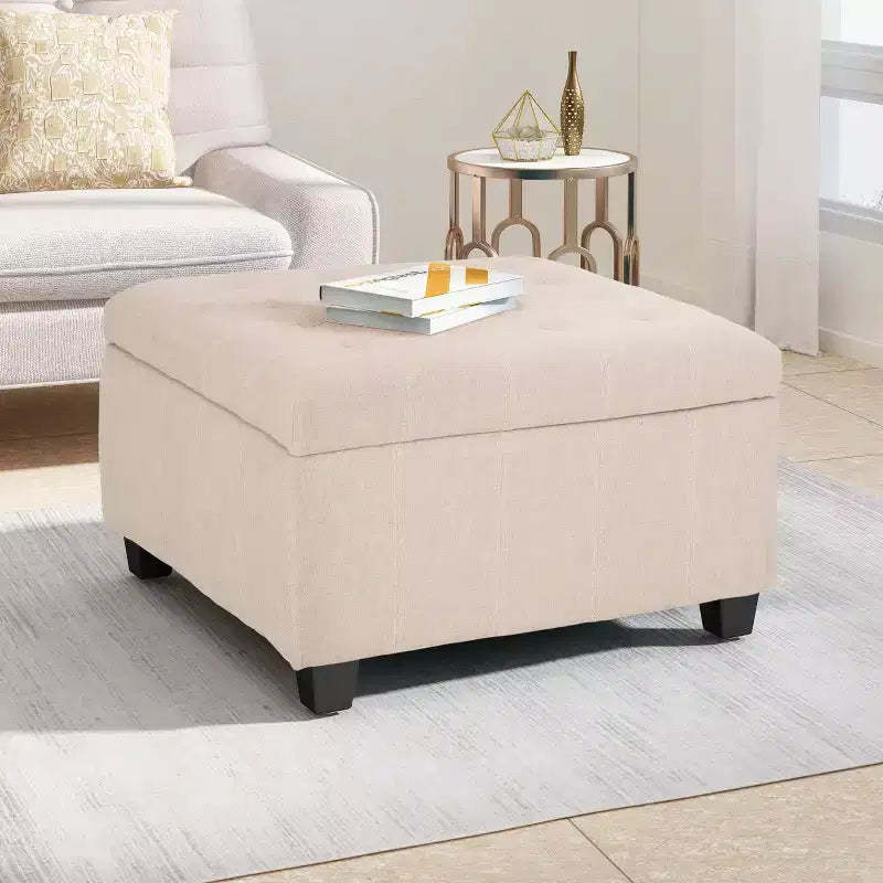 Okak Exquisite Square Storage Ottoman Bench, Coffee Table, Button-Tufted Upholstered Foot Rest for Couch Living Room Bedroom Entrance