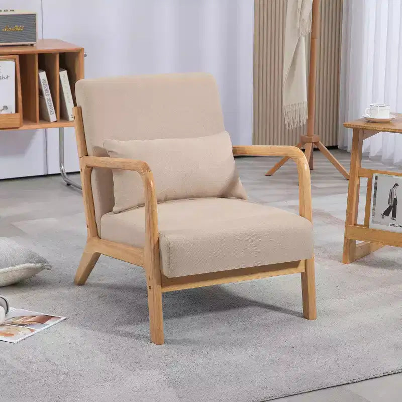 Okak Modern Linen Accent Chair Living Room Chair with Pillow Mid-Century Stylish Armchair with Solid Wood Legs for Reading Room Bedroom