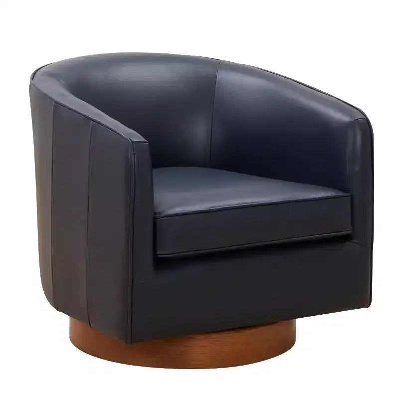 Okak Modern Top Grain Leather 360 Swivel Chair Accent Chair with Soft Cushion Barrel Sofa Chair with Wood Base for Lounge Office Bedroom