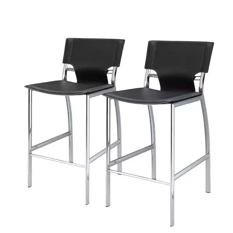 HomeRoots Set of Two 25 Gray and Silver Faux Leather and Metal Low Back Counter Height Bar Chairs