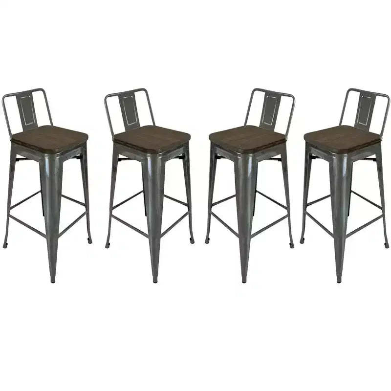 HomeRoots Set of Four 30 Brown and Gray Solid Wood and Metal Low Back Bar Height Bar Chairs