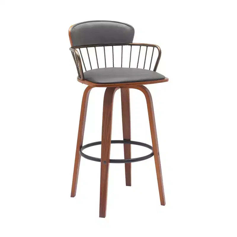 HomeRoots 30 Gray And Wood Brown Faux Leather Swivel Low Back Bar Height Bar Chair