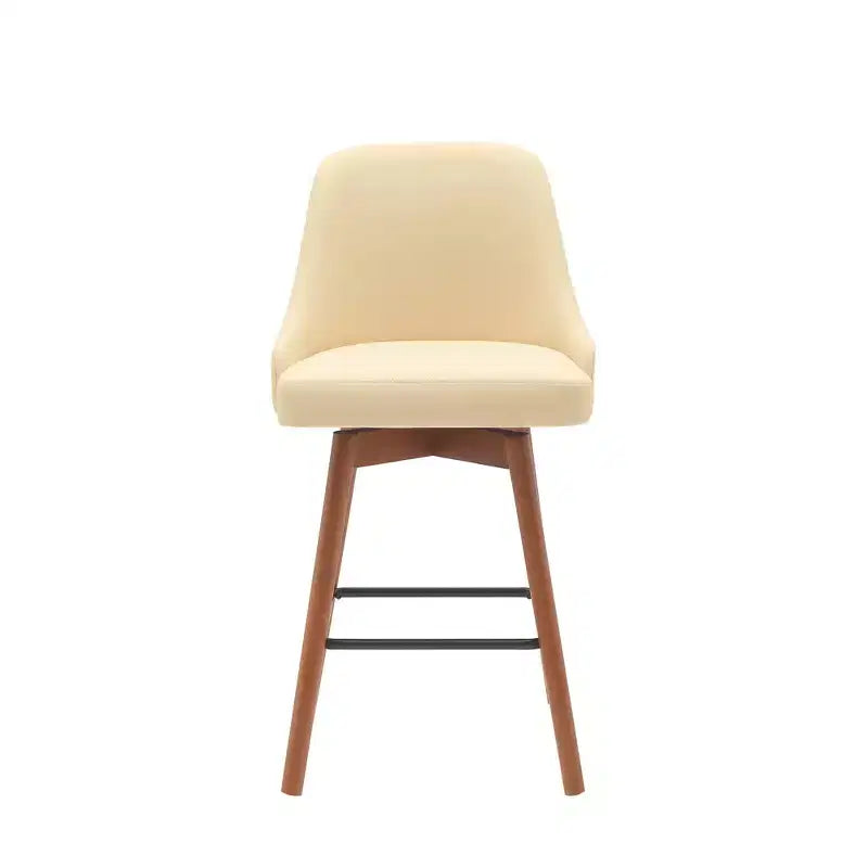 HomeRoots 26 Cream and Wood Brown Faux Leather with Solid Wood Swivel Counter Height Bar Chair