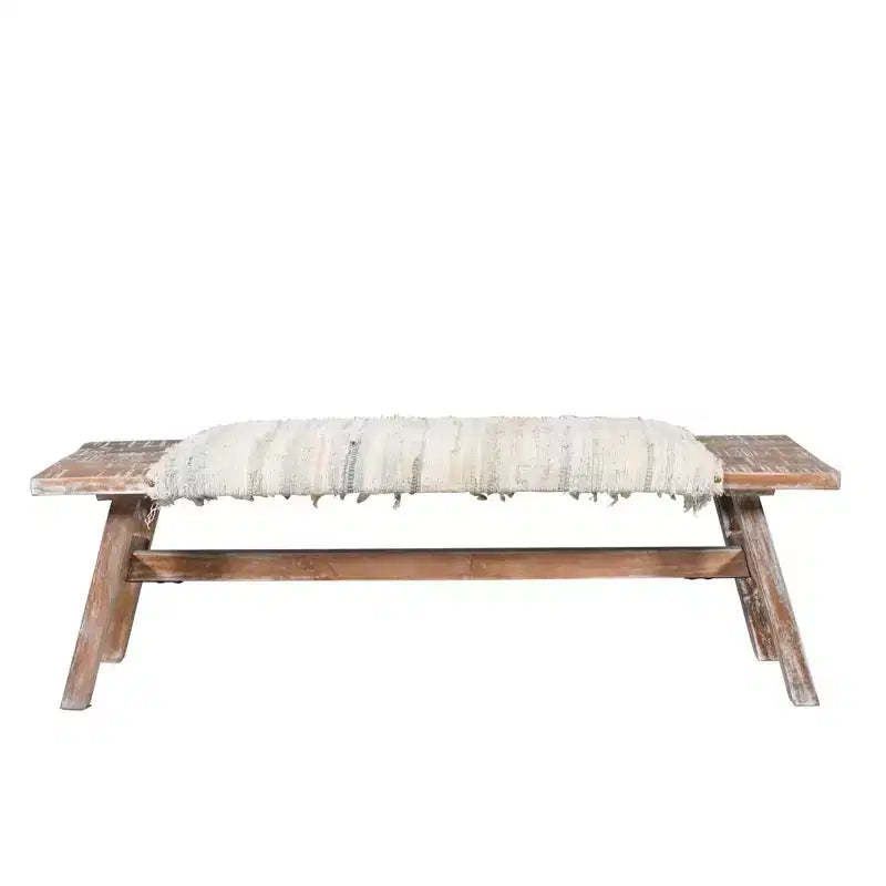 HomeRoots 50 White and Brown Cotton Upholstered Striped Bench
