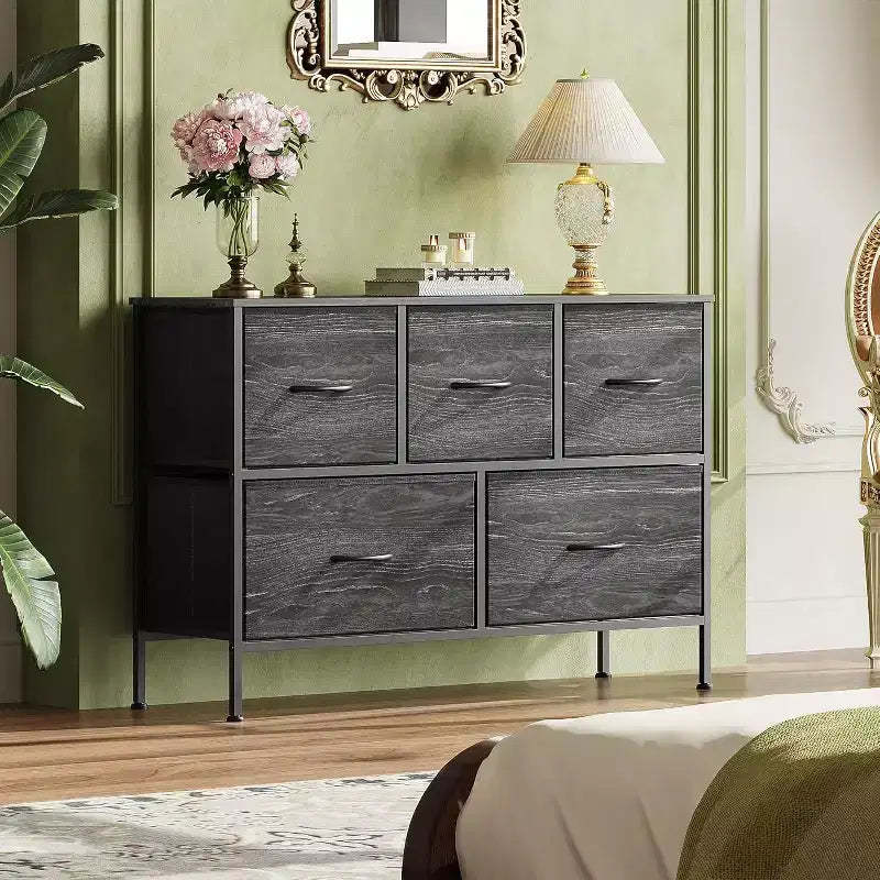 GALAXHERO 5 Drawer Dresser, Long Fabric Storage Unit for Bedroom, Closet & Hallway Charcoal Black Wood Grain Print
